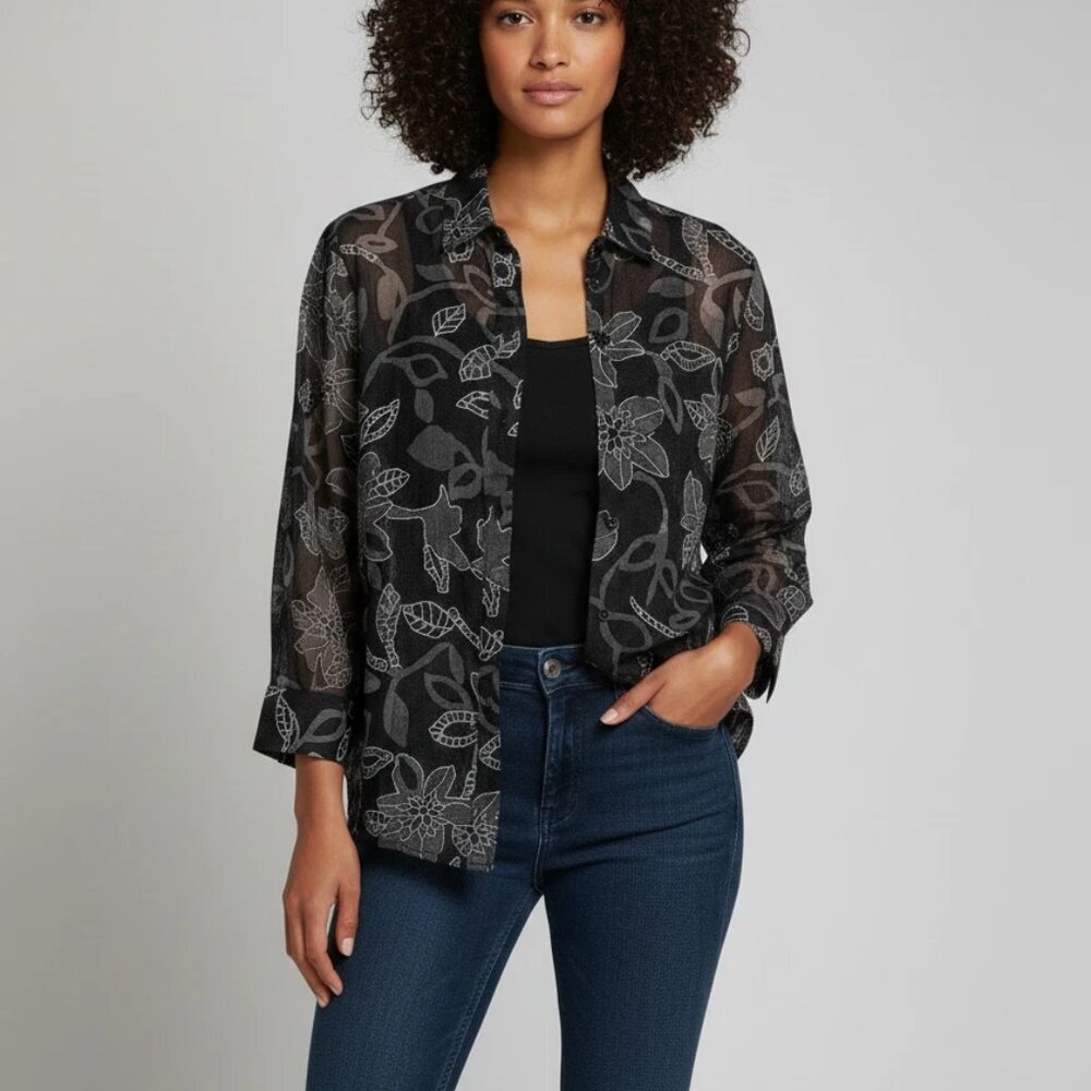 Erin London Black White Floral Sheer Button Down Shirt Top Size Medium